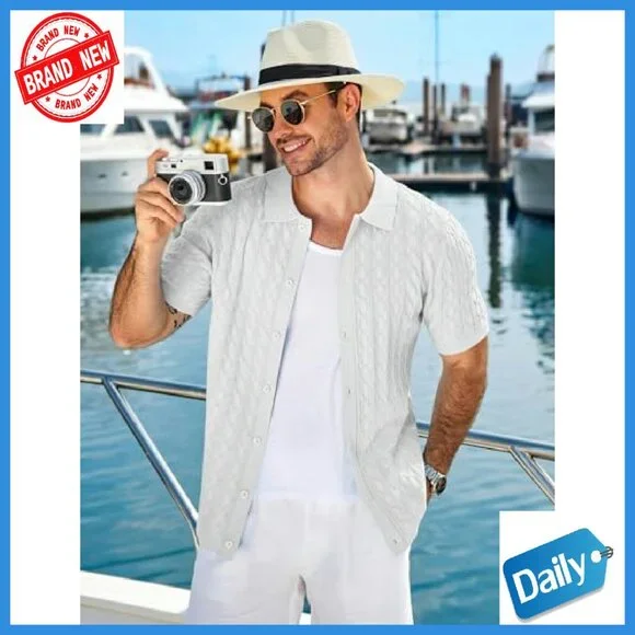 Men's Knit Short Sleeve Button Down Polo Shirt Vintage Cable Casual - Picture 3 of 8